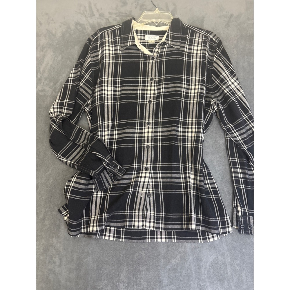 Black White Plaid Roll Tab Sleeve Shirt XL